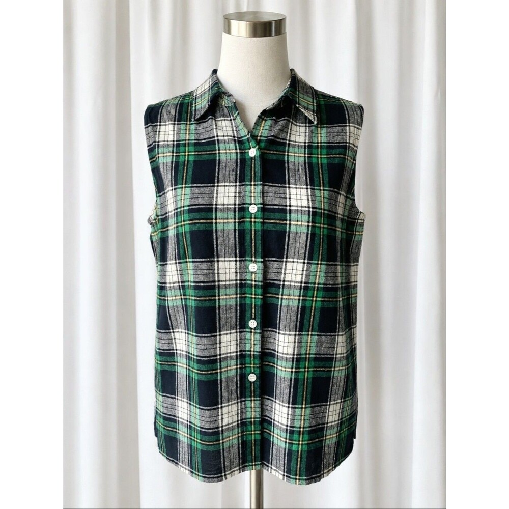 Jones New York Sport Black Green Tartan Plaid Linen Blend Sleeveless Blouse